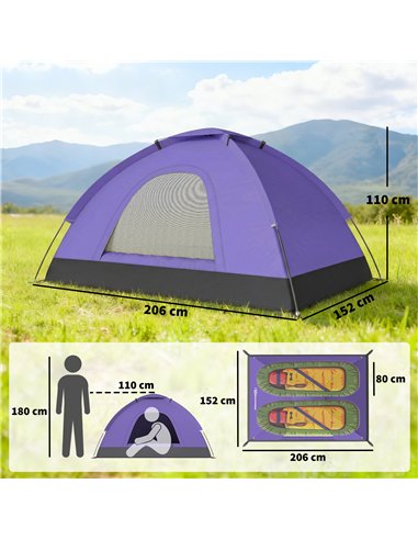 Outsunny 2 Person Camping Tent, Dome Tent with Zipped Doors, Storage Pocket, Portable Handy Bag, Light Purple