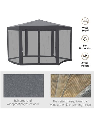 Outsunny 4x4m Netting Gazebo, Hexagon Tent Shade Resistant, Grey