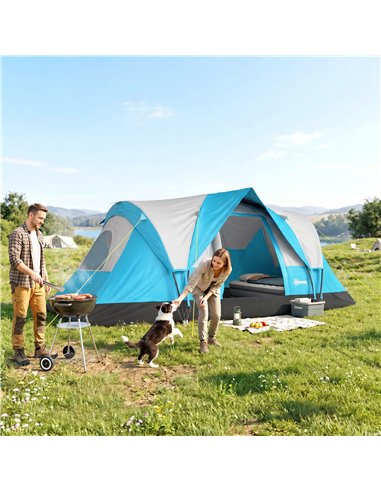 Outsunny 5-6 Man Camping Tent, Tunnel Tent, Water Resistant Hiking Shelter with Groundsheet and Carry Bag, Light Blue