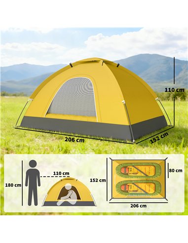 Outsunny 2 Person Camping Tent, Dome Tent with Zipped Doors, Storage Pocket, Portable Handy Bag, Yellow