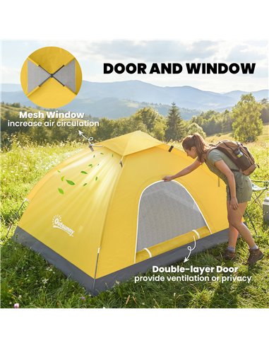 Outsunny 2 Person Camping Tent, Dome Tent with Zipped Doors, Storage Pocket, Portable Handy Bag, Yellow
