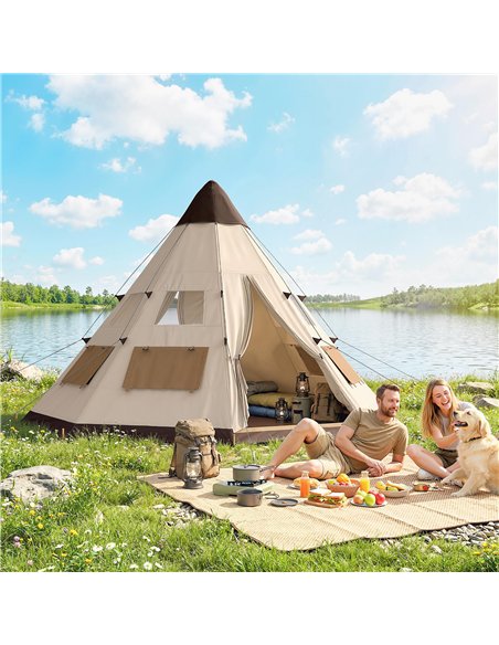 Outsunny 6 Men Tipi Tent with Carry Bag - Khaki - pic 187637 | FastDaddyshop