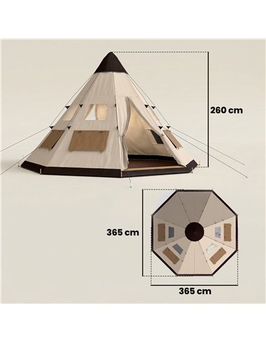 Outsunny 6 Men Tipi Tent with Carry Bag - Khaki