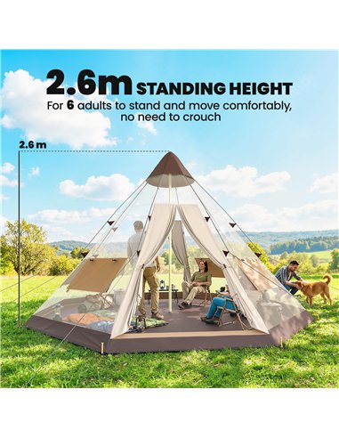 Outsunny 6 Men Tipi Tent with Carry Bag - Khaki