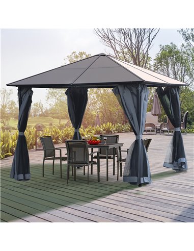 Outsunny 4x3m Garden Aluminium Gazebo with Hardtop Roof, Mesh Curtains, Side Walls, Grey
