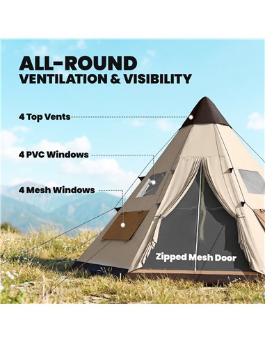 Outsunny 6 Men Tipi Tent with Carry Bag - Khaki