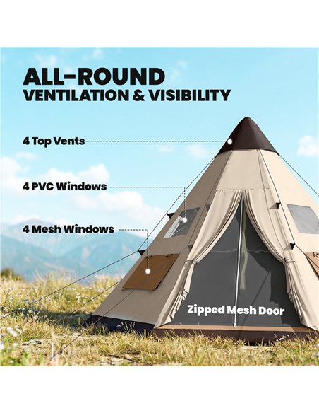 Outsunny 6 Men Tipi Tent with Carry Bag - Khaki - pic 187640 | FastDaddyshop