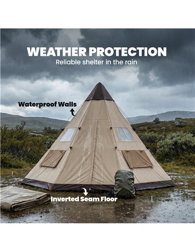 Outsunny 6 Men Tipi Tent with Carry Bag - Khaki