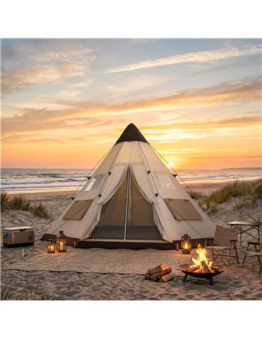 Outsunny 6 Men Tipi Tent with Carry Bag - Khaki