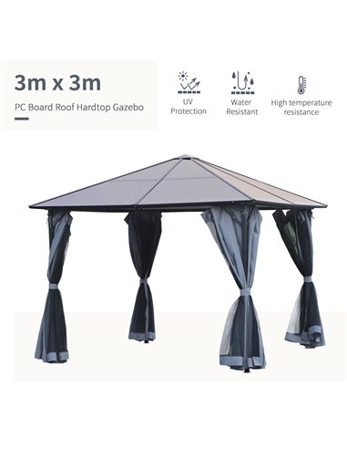 Outsunny 4x3m Garden Aluminium Gazebo with Hardtop Roof, Mesh Curtains, Side Walls, Grey