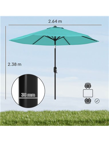 Outsunny 2.6 m Garden Parasol Umbrella with Aluminium Pole, Outdoor Patio Umbrella with Tilt and Crank, Vent, Turquoise