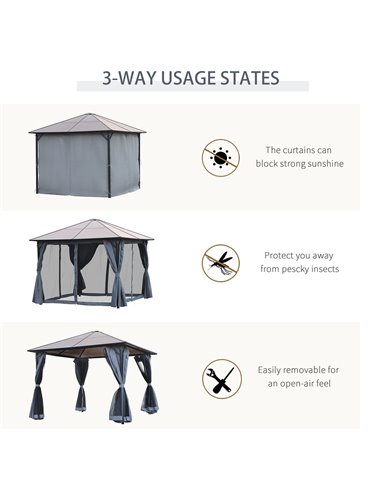 Outsunny 4x3m Garden Aluminium Gazebo with Hardtop Roof, Mesh Curtains, Side Walls, Grey