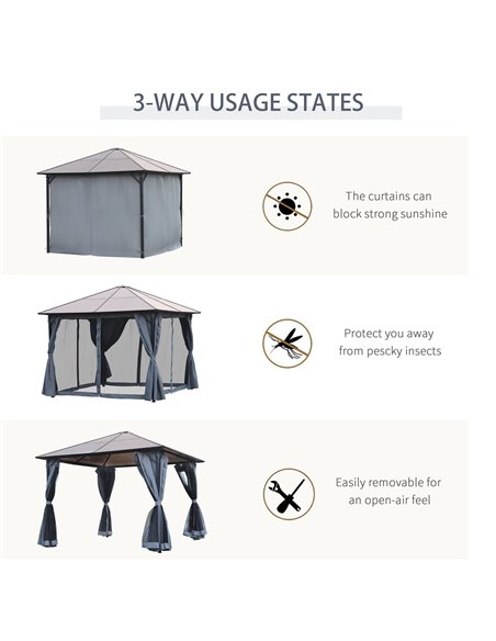 Outsunny 4x3m Garden Aluminium Gazebo with Hardtop Roof, Mesh Curtains, Side Walls, Grey - pic 18769 | FastDaddyshop