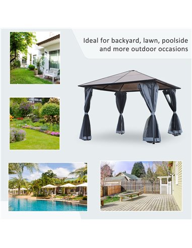 Outsunny 4x3m Garden Aluminium Gazebo with Hardtop Roof, Mesh Curtains, Side Walls, Grey