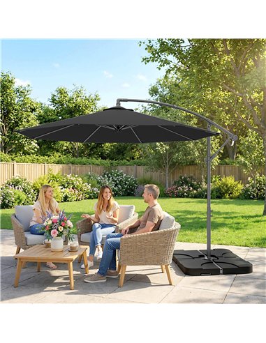 Outsunny 3m Overhanging Parasol, with Base, Weights and Cover - Black