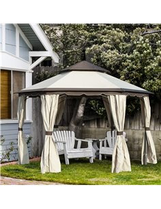 Outsunny 3.4m Steel Gazebo Canopy Party Tent Garden Pavilion Patio Shelter with Curtains & 2 Tier Roof, Beige 2