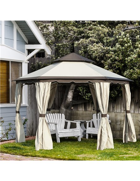 Outsunny 3.4m Steel Gazebo Canopy Party Tent Garden Pavilion Patio Shelter with Curtains & 2 Tier Roof, Beige - pic 18774 | FastDaddyshop