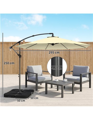 Outsunny 3m Overhanging Parasol, with Base, Weights and Cover - Sand brown