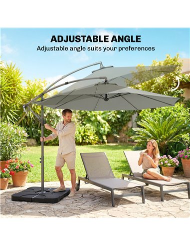 Outsunny 3m Overhanging Parasol, with Base, Weights and Cover - Light Grey