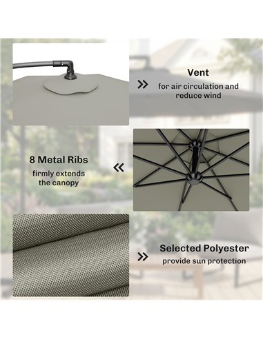 Outsunny 3m Overhanging Parasol, with Base, Weights and Cover - Light Grey