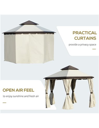 Outsunny 3.4m Steel Gazebo Canopy Party Tent Garden Pavilion Patio Shelter with Curtains & 2 Tier Roof, Beige