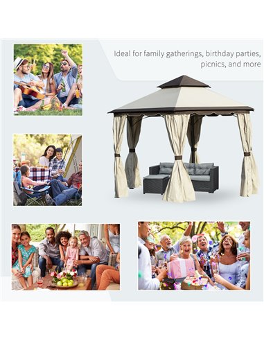 Outsunny 3.4m Steel Gazebo Canopy Party Tent Garden Pavilion Patio Shelter with Curtains & 2 Tier Roof, Beige