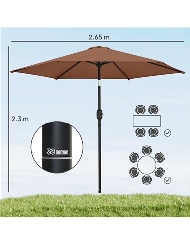 Outsunny 2.6 m Garden Parasol Umbrella with Aluminium Pole, Outdoor Patio Umbrella with Tilt and Crank, Vent, Coffee
