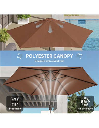 Outsunny 2.6 m Garden Parasol Umbrella with Aluminium Pole, Outdoor Patio Umbrella with Tilt and Crank, Vent, Coffee