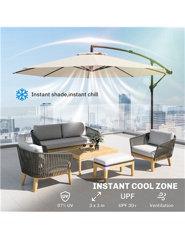 Outsunny 3 m Overhanging Cantilever Parasol, with Cross Base - Cream White