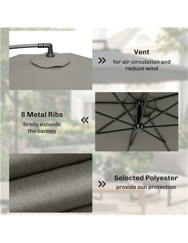 Outsunny 3m Overhanging Cantilever Parasol, with Cross Base - Light Grey
