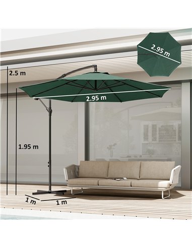 Outsunny 3 m Overhanging Cantilever Parasol, with Cross Base - Dark Green