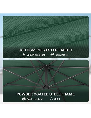 Outsunny 3 m Overhanging Cantilever Parasol, with Cross Base - Dark Green