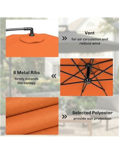 Outsunny 3 m Cantilever Parasol with Cross Base, Offset Outdoor Umbrella with Crank Handle, Hanging Sun Shade, Orange