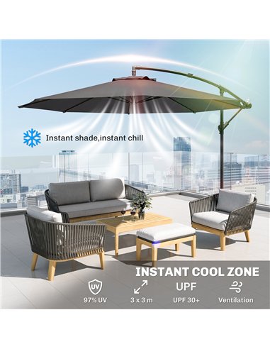 Outsunny 3 m Overhanging Cantilever Parasol, with Cross Base - Grey
