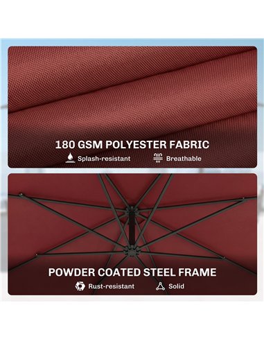 Outsunny 3 m Overhanging Cantilever Parasol, with Cross Base - Wine Red