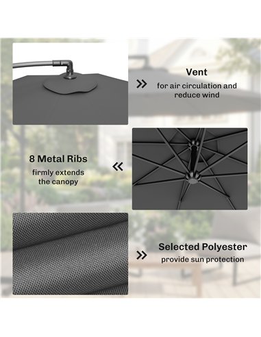 Outsunny 3m Overhanging Cantilever Parasol, with Cross Base - Grey