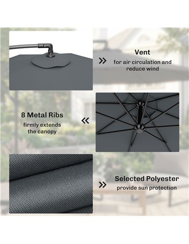 Outsunny 3m Overhanging Parasol, with Base, Weights and Cover - Dark Grey