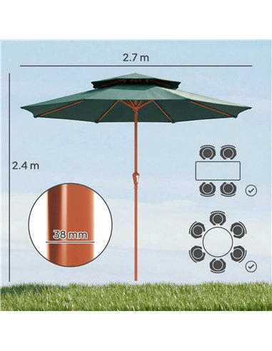 Outsunny 2.7 m Garden Parasol with Double Top Outdoor Market Table Umbrella with Crank System, Green