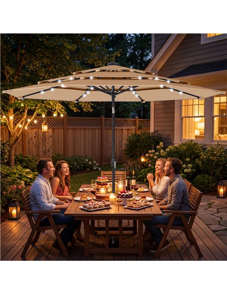 Outsunny 2.8 m Garden Parasol Umbrella with LED Solar Light, Parasol Cover, 3 Tier Outdoor Table Market Patio Umbrella, Khaki - pic 187997 | FastDaddyshop