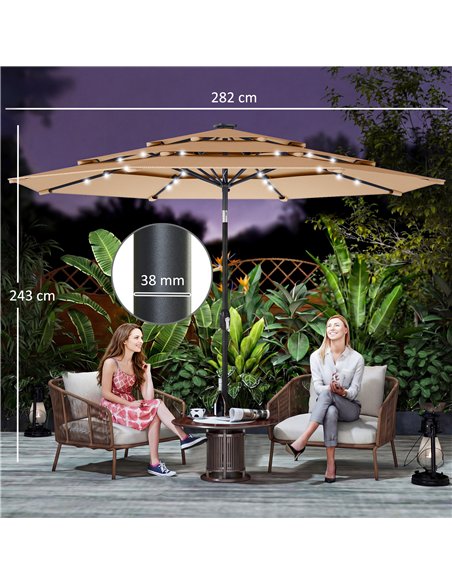 Outsunny 2.8 m Garden Parasol Umbrella with LED Solar Light, Parasol Cover, 3 Tier Outdoor Table Market Patio Umbrella, Khaki - pic 187998 | FastDaddyshop