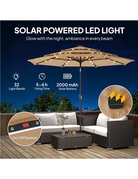 Outsunny 2.8 m Garden Parasol Umbrella with LED Solar Light, Parasol Cover, 3 Tier Outdoor Table Market Patio Umbrella, Khaki - pic 187999 | FastDaddyshop