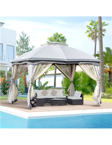 Outsunny 3.7x3m Metal Gazebo with Netting Sidewalls & Double Tiered Roof, Grey