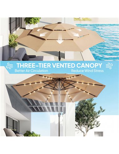Outsunny 2.8 m Garden Parasol Umbrella with LED Solar Light, Parasol Cover, 3 Tier Outdoor Table Market Patio Umbrella, Khaki