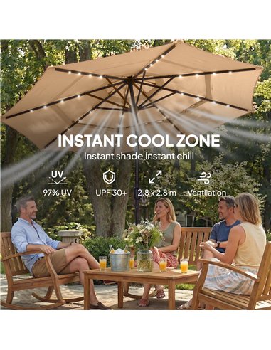 Outsunny 2.8 m Garden Parasol Umbrella with LED Solar Light, Parasol Cover, 3 Tier Outdoor Table Market Patio Umbrella, Khaki