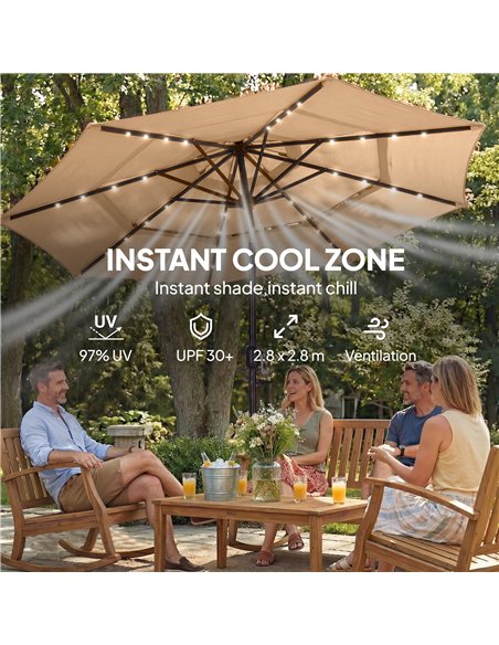 Outsunny 2.8 m Garden Parasol Umbrella with LED Solar Light, Parasol Cover, 3 Tier Outdoor Table Market Patio Umbrella, Khaki - pic 188002 | FastDaddyshop