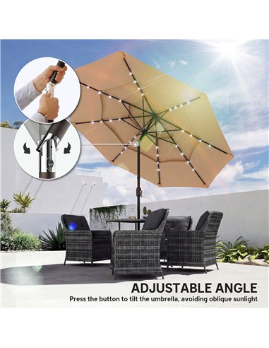 Outsunny 2.8 m Garden Parasol Umbrella with LED Solar Light, Parasol Cover, 3 Tier Outdoor Table Market Patio Umbrella, Khaki