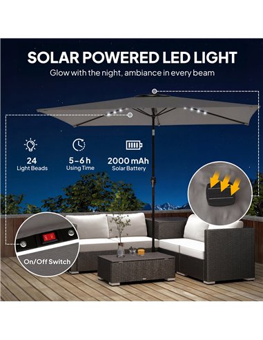 Outsunny 3 x 2 m Garden Parasol Umbrella with LED Solar Light, Parasol Cover, Outdoor Market Patio Umbrella, Dark Grey