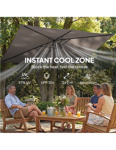 Outsunny 3 x 2 m Garden Parasol Umbrella with LED Solar Light, Parasol Cover, Outdoor Market Patio Umbrella, Dark Grey