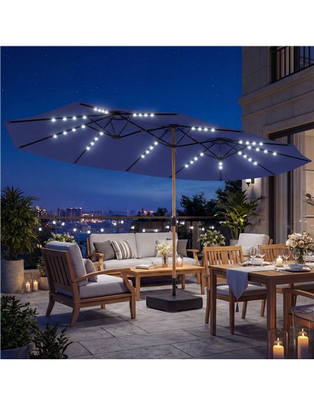 Outsunny Double Sided Garden Parasol with Base Included & 48 Solar LED Lights Patio Umbrella Crank Handle 4.6m Dark Blue - pic 188015 | FastDaddyshop