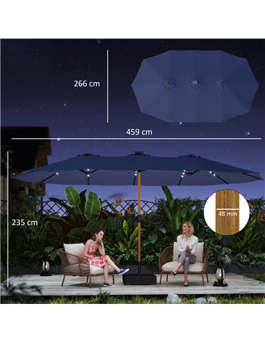 Outsunny Double Sided Garden Parasol with Base Included & 48 Solar LED Lights Patio Umbrella Crank Handle 4.6m Dark Blue